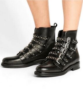 Maje Leather Ankle Moto Rocker Biker Boots Buckles And Studs Straps